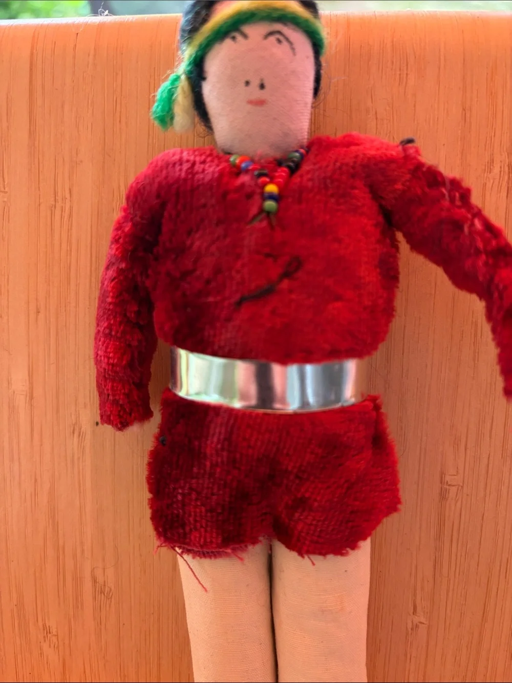 Handcrafted Red Cloth Doll with Beaded Necklace